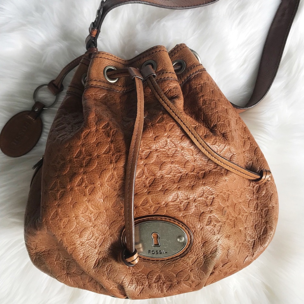 Fossil Brown Embossed Leather Drawstring Crossbody Bag